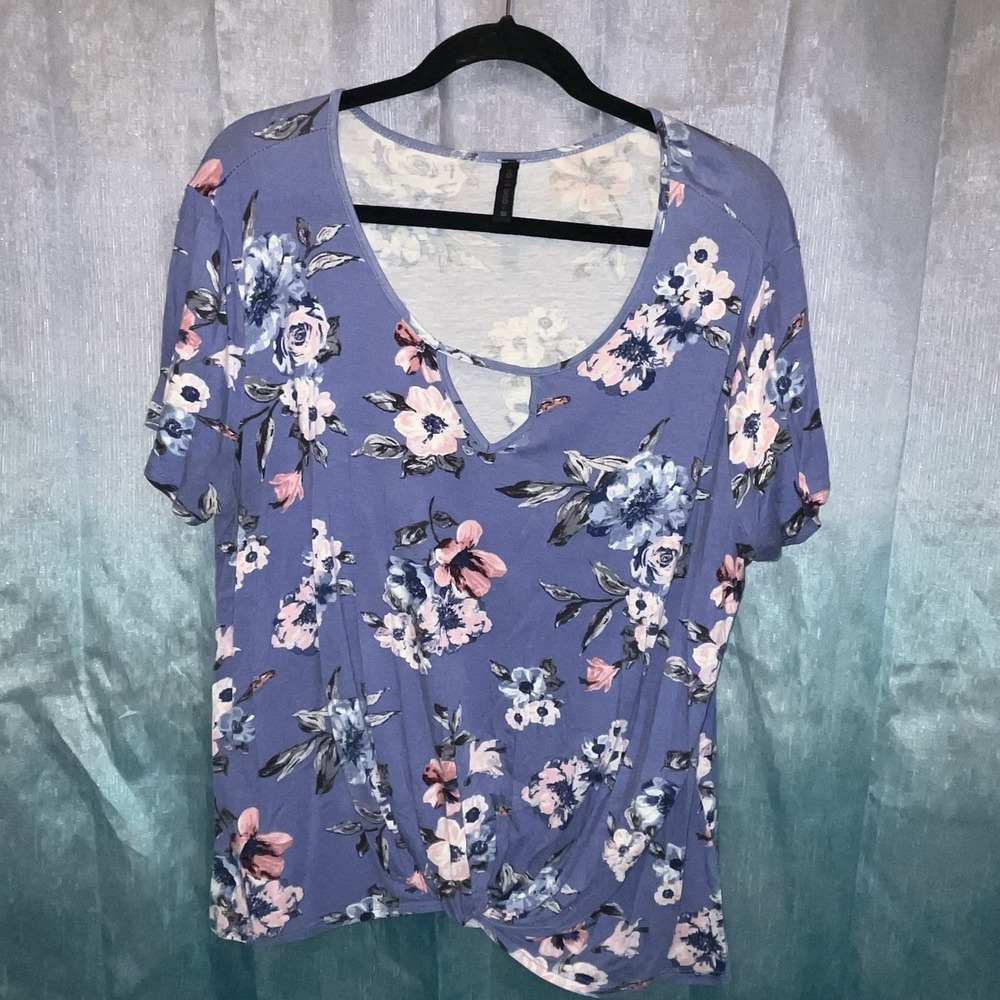 Womens XL Doo‎ B Doo B Blue Floral top blouse Knot Tie Front Bottom Cap Sleeve